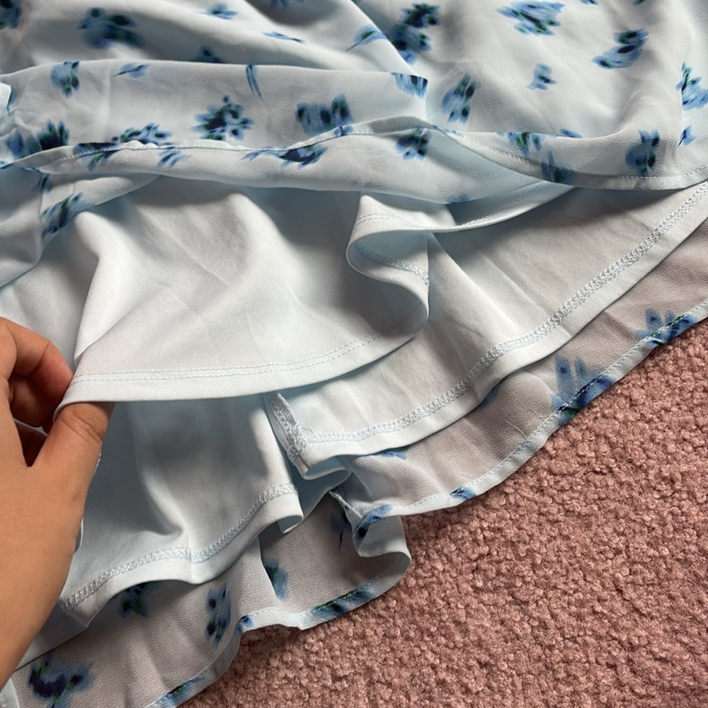 Ruffle Trim Slip Mini Babydoll Blue Floral Spaghetti Strap Dress Size Large - Picture 3 of 8